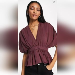Cotton/linen Peplum top | dark red, maroon, ox blood color | size 14